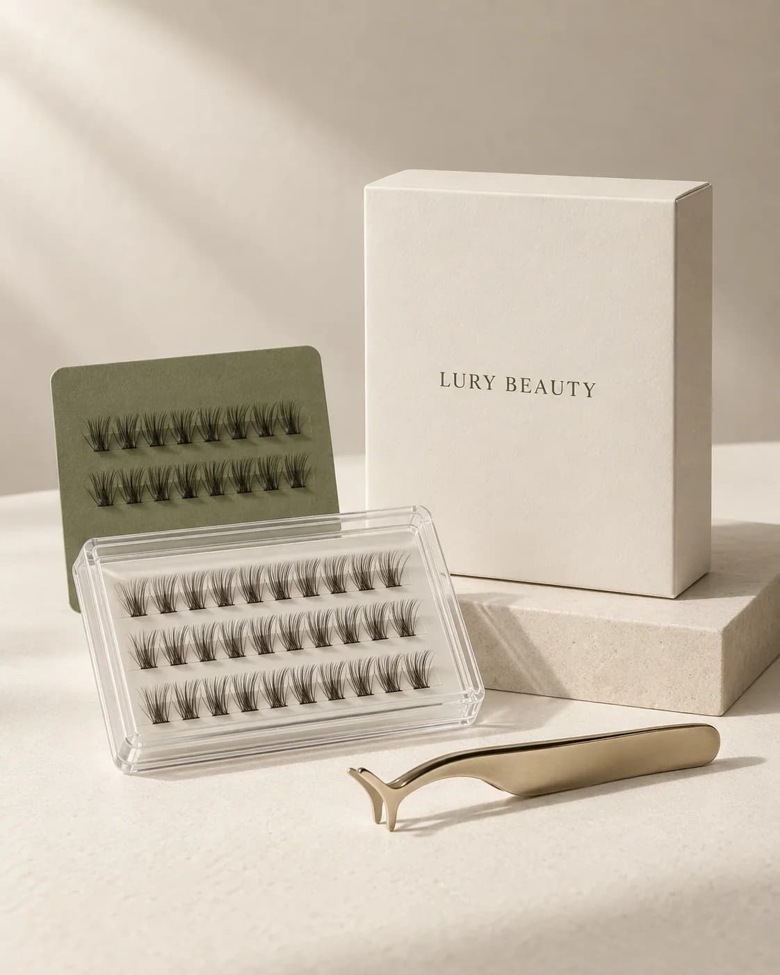 AI-generated packaging concept with an ivory Lury Beauty box, illustrative lash trays and an applicator