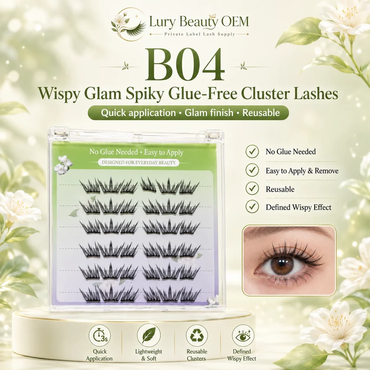 B04 wispy glam spiky glue-free cluster lashes product display