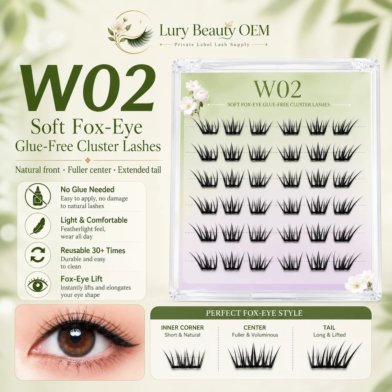 W02 soft fox-eye glue-free cluster lashes product display