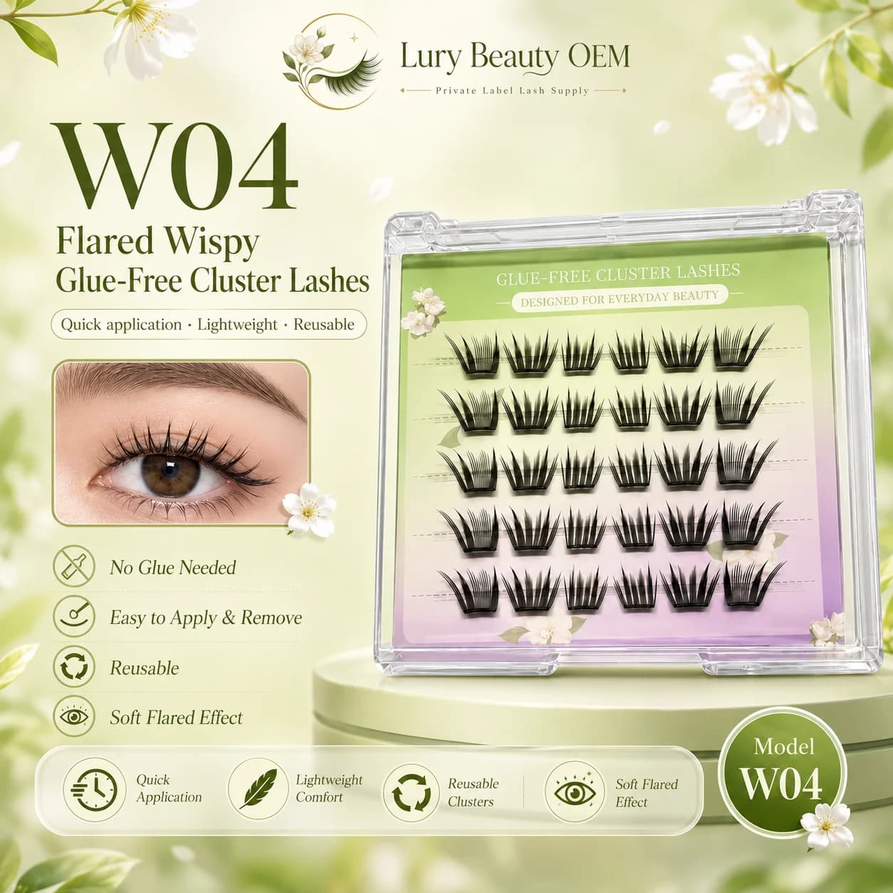 W04 flared wispy glue-free cluster lashes product display