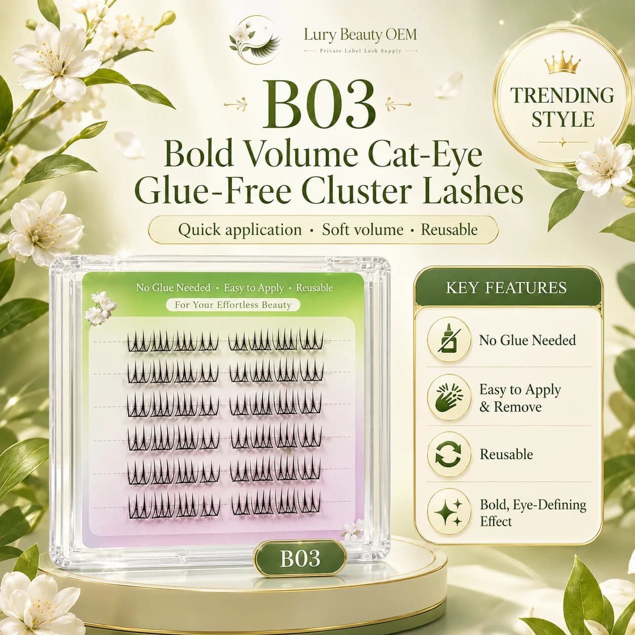 B03 bold volume cat-eye glue-free cluster lashes for OEM sampling